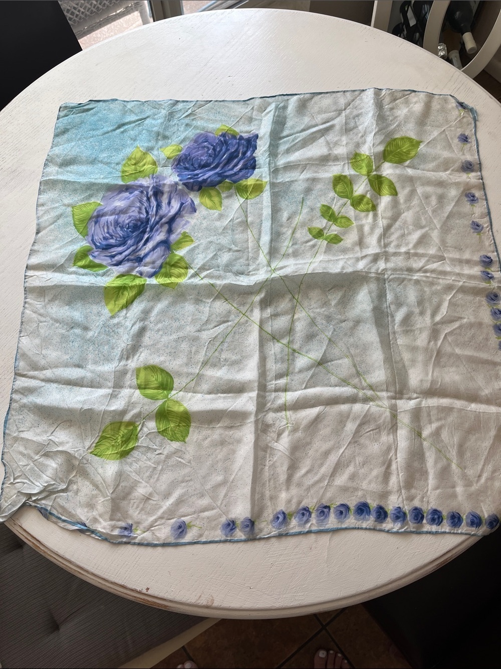 Vintage Floral Blue Rose Silk Scarf - Blue & Green